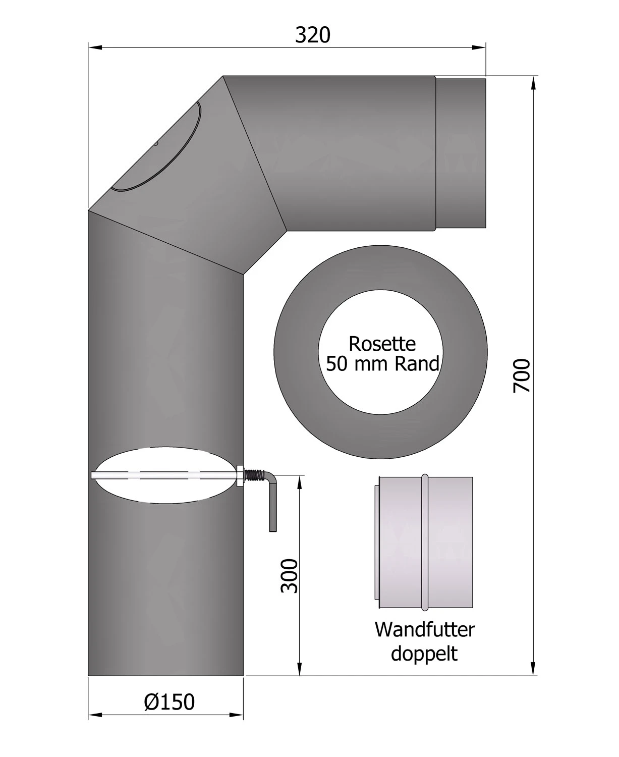 Rauchrohr Set Stahl 2x 45° 700 X 300 Mm Ø 150 Mm Hellgrau, Kurz 2 Rauchrohr Set Stahl 2x 45° 700 X 300 Mm Ø 150 Mm Hellgrau, Kurz – Bild 2
