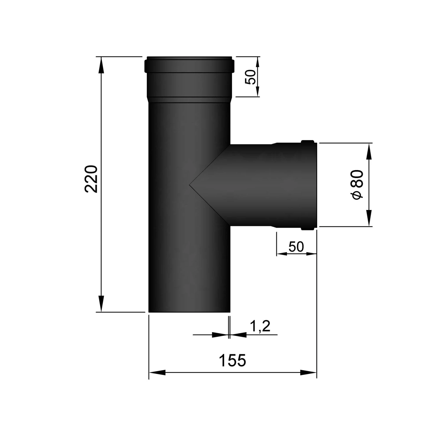 T-Stück Pellet-Ofenrohr Stahl 90° Schwarz, Steckende-Muffe 3 T-Stück Pellet-Ofenrohr Stahl 90° Schwarz, Steckende-Muffe – Bild 3